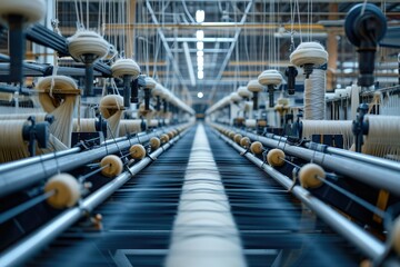 Spinning machines and looms in a textile manufacturing facility, depicting the process of transforming raw materials into fabrics