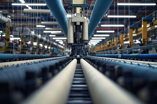 Spinning machines and looms in a textile manufacturing facility, depicting the process of transforming raw materials into fabrics