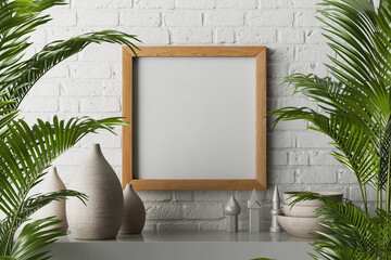 3d rendering 20 x 20 inch size canvas paper for poster and artwork mockup in walnut wooden frame hanging in brick wall interior - obrazy, fototapety, plakaty