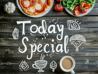 White chalk drawn on a wooden background with doodles and words "Today Special", composition with cafe, foods and other decoration.