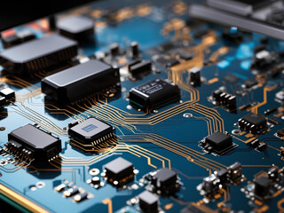 A close-up view of a complex electronic circuit board with various components, chips, and traces in...