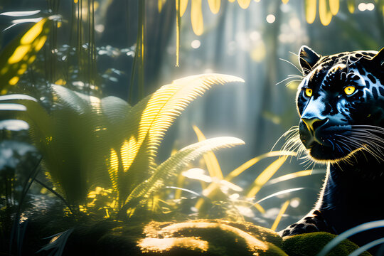 a black leopard in a jungle with the sun shining