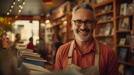 Fototapeta premium Between the Pages: Bookstore Owner Smiling Amidst a World of Books