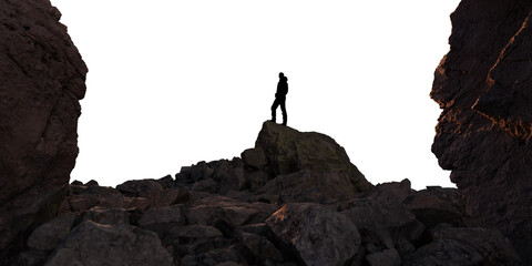 Adventure Man Hiker standing on top of Dramatic Rocky Mountain Peak. PNG Cutout. 3d Rendering
