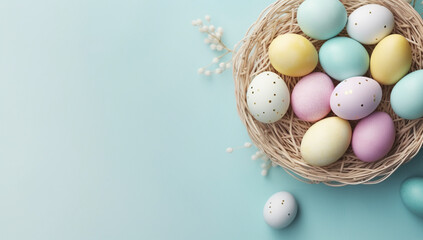 Pastel easter eggs with nest and floral on light blue background. Happy easter day banner, top view