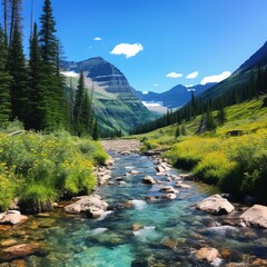 Obraz premium Glacier National Park To fully immerse yourself in the park's beauty, skip the hotel and make use of one of the park's campsites, river in the mountains