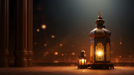 Fototapeta premium Islamic lantern illustration with a dark background, very suitable for designing Ramadan activities