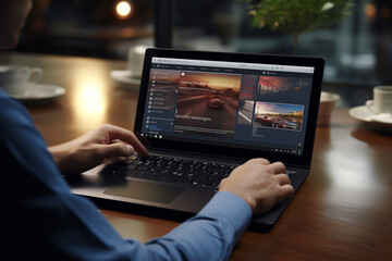businessman sitting at desk working on his laptop, business concept, typing hands