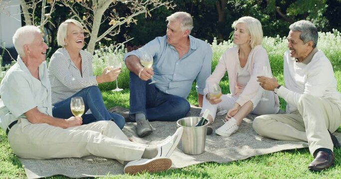 Senior, friends and party outdoor with picnic in garden, backyard or park with wine, bonding and laughing. Elderly, men and women with gathering for conversation, celebrate or relax on lawn in nature