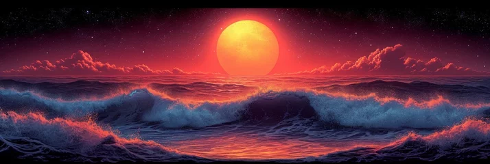 Foto op Aluminium Screen printed Big Wave Sunset Illustration on a Black Background in the Style of a 1970s Music Poster - 70s Graphic Design Wallpaper created with Generative AI Technology © Sentoriak