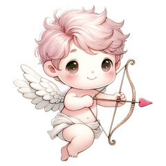 Illustration of a cute, cherubic cupid with pink decorations, aiming a love arrow, Adorable Angelic Cupid, character design, romantic and love, watercolor clipart, Valentine day and holiday concept.