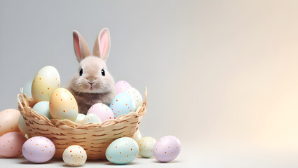 Rabbit and pastel easter eggs in basket with copy space for text on background, banner, wallpaper