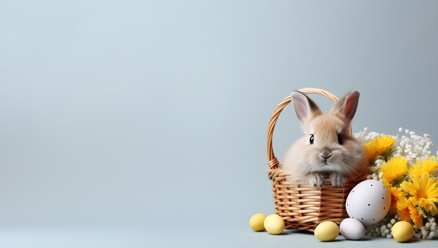 Rabbit in basket with easter eggs and flower, copy space for text on background. Banner, wallpaper