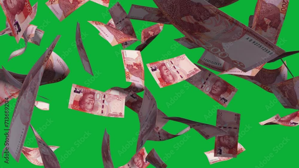 Poster 3D animation of South African rand notes Falling On green screen. You can remove the background by keying or subtracting with the black and white matte to replace with a custom one
