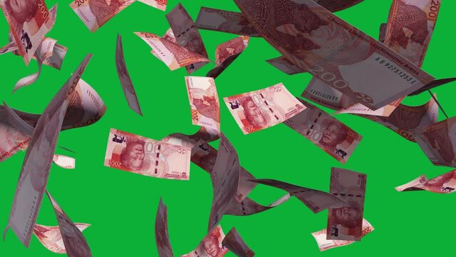 3D animation of South African rand notes Falling On green screen. You can remove the background by keying or subtracting with the black and white matte to replace with a custom one
