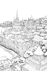 Thailand cityscape black and white coloring page for adults. Megapolis city buildings, street, landmarks vector outline doodle sketch for anti stress color book