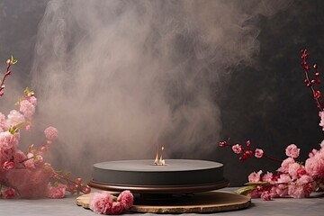 Round podium with smoke on nowruz flower background. High quality photos, no text on images generative ai