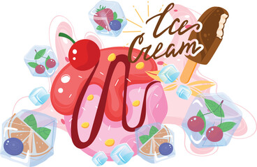 Colorful ice cream lettering with popsicle and cherries, refreshing summer dessert concept. Sweet treats with fruits and melting ice vector illustration.