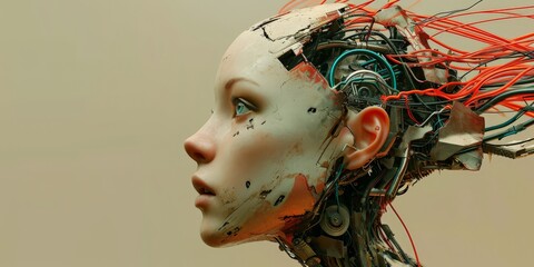 Woman with the Head of a Robot but the Face of a Person there are many Scratches on her Face the Hair on her Head is made of Wires and Cables Background created with Generative AI Technology
