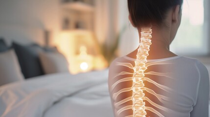 Digital composite of highlighted spine of woman with back pain at home. Rearview shot of a caucasian woman with cgi highlighting his back injury. - Powered by Adobe