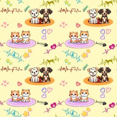 Seamless pattern cartoon illustration of dogs and cats.