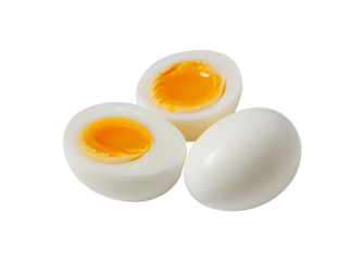 Perfectly Cooked Eggs, Halved to Showcase Creamy Yolks, Isolated on White Background