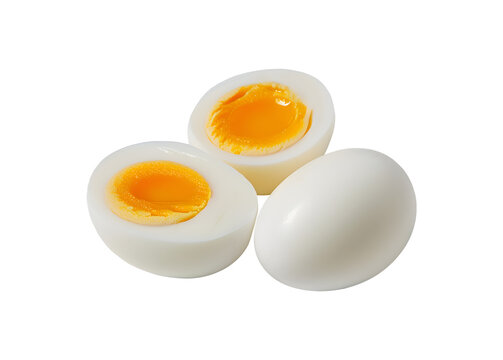 Perfectly Cooked Eggs, Halved to Showcase Creamy Yolks, Isolated on White Background