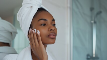 Keep your skin healthy. Cropped portrait of a beautiful african american young woman applying moisturizing cream to her skin in the bathroom at home. Photo with copy space. Hyper realistic photo