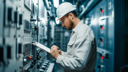 Man, electricity and technician in control room, writing notes and machine maintenance on clipboard. Male electrician, system and electrical substation for power, engineering inspection and checklist.