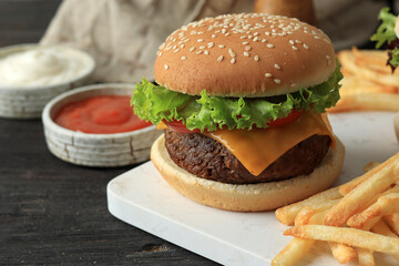 Homemade Beef Burger Served with French Fries