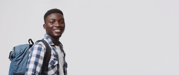 Positive african american millennia guy student in casual posing on grey studio background, young black man enjoying studying at university or college, copy space. Young man traveling with backpack