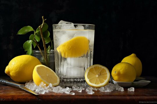 glass with crushed ice on the rim and taiti lemon on the table. Generative AI