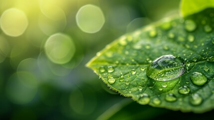 Closeup shot of a water droplet on a leaf. Background is blurred. Photo with copy space.