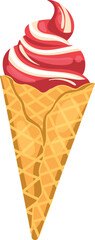 Strawberry and vanilla soft serve ice cream cone. Swirled dessert in waffle cone illustration. Sweet frozen treat, summer snack vector illustration.