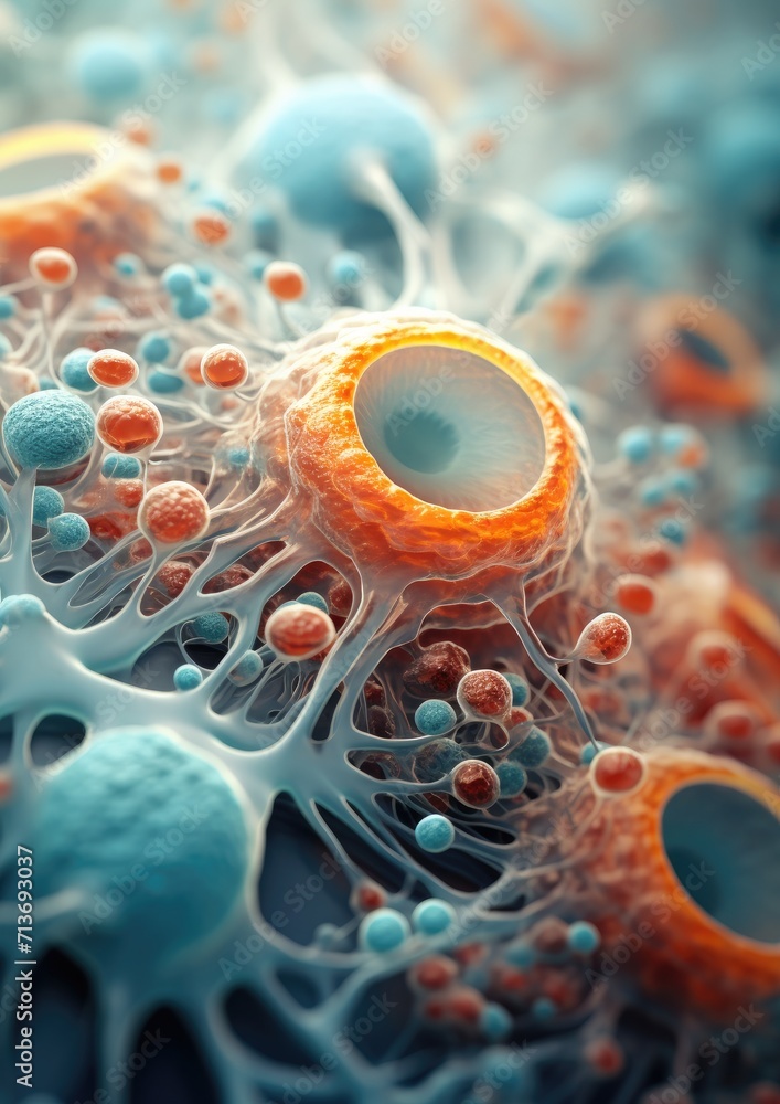 Poster a close up of a cell with many different types of cells. generative ai.