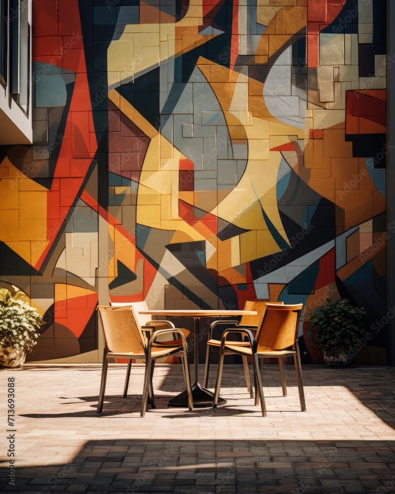 Aufkleber a table and chairs in front of a colorful mural. generative ai.
