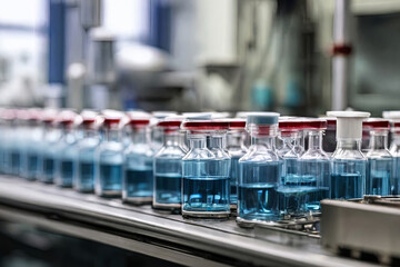 Naklejka premium Pharmaceutical production in action. Medical vials on the assembly line at a modern factory. Precision and efficiency in pharmaceutical glass bottle manufacturing captured in a compelling image.