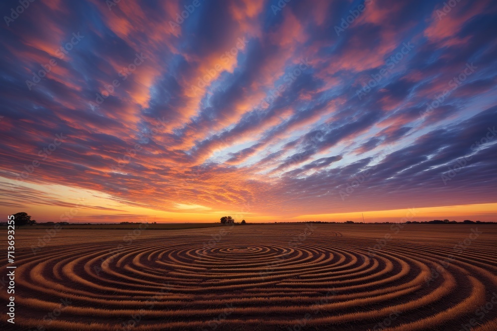 Poster a field with a spiral pattern at sunset. generative ai.