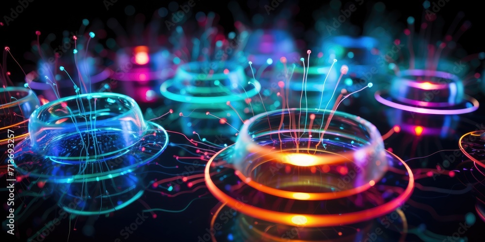 Poster many colorful cups with glowing lights on them. generative ai.