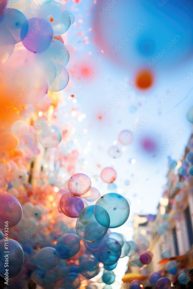 Poster a bunch of colorful balloons floating in the air. generative ai.