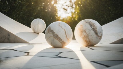 Three marble balls sit on a stone path. Generative AI.