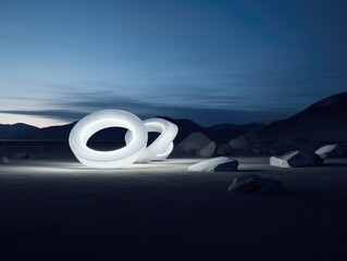 Fototapeta na wymiar A large white sculpture in the desert with rocks. Generative AI.