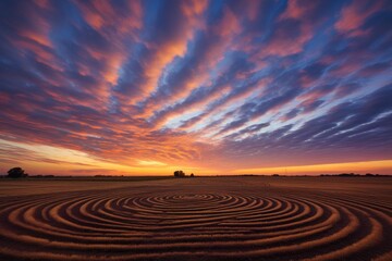 A field with a spiral pattern at sunset. Generative AI.