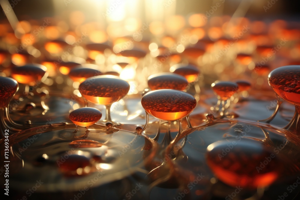Poster a group of orange and red bubbles floating in water. generative ai.