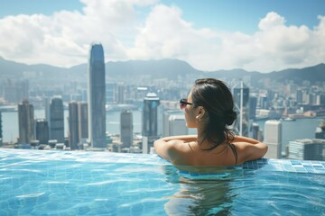 Asian woman at poolside, relaxed with stunning city views