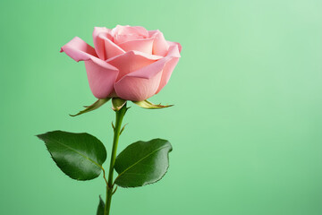 Beautiful pink rose with leaves on green background