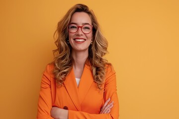 Beige studio background with a smiling business woman in orange