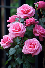 beautiful pink roses in full bloom on a garden shrub a rosebud