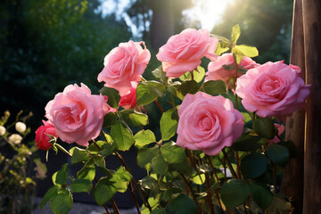 beautiful pink roses in full bloom on a garden