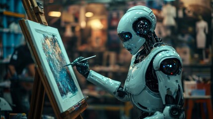 robots painters using paintbrush and palette robotic artists in front of easel art creativity artificial intelligence technology concept modern workshop studio interior